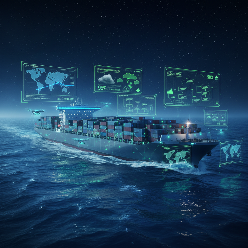 Navire porte-conteneurs connecté avec technologies numériques - digitalisation du management maritime