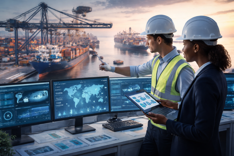 Experts en gestion maritime au port avec tablette numérique - management du transport maritime moderne