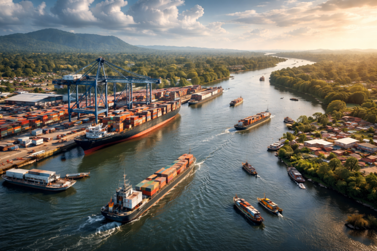 Vue aérienne d'un port fluvial avec navires de fret - transport maritime en Afrique de l'Ouest