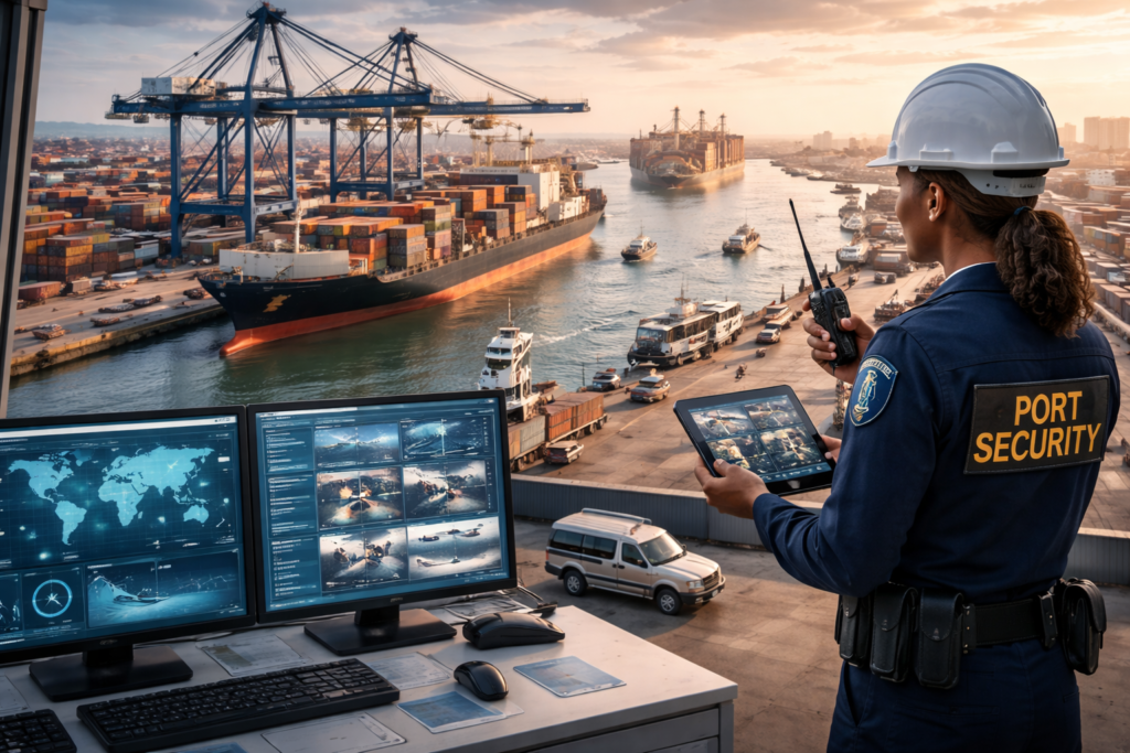 Agent de sécurité portuaire surveillant un navire au port - sécurité maritime